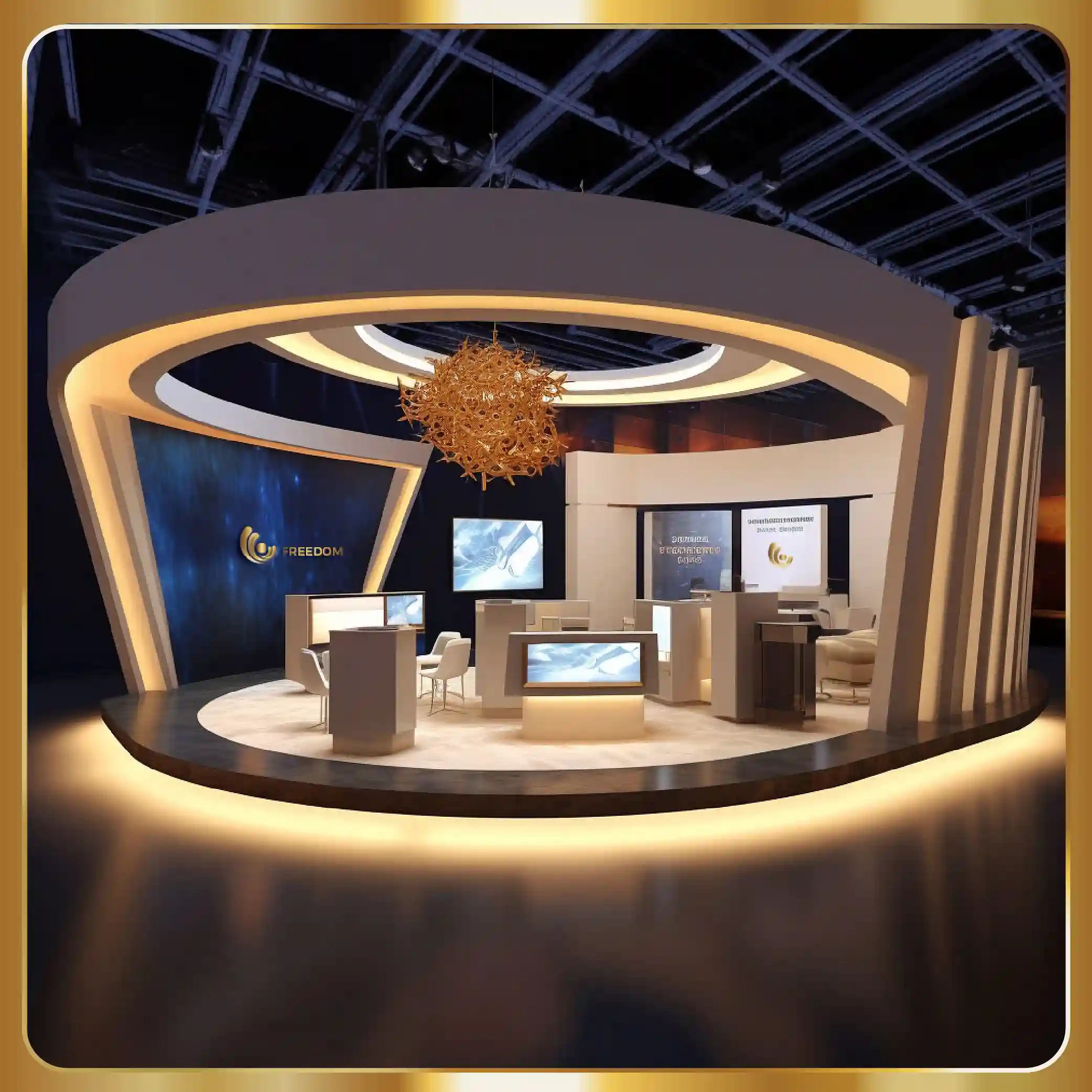 Sophisticated boutique Exhibition stand with curved wooden details  